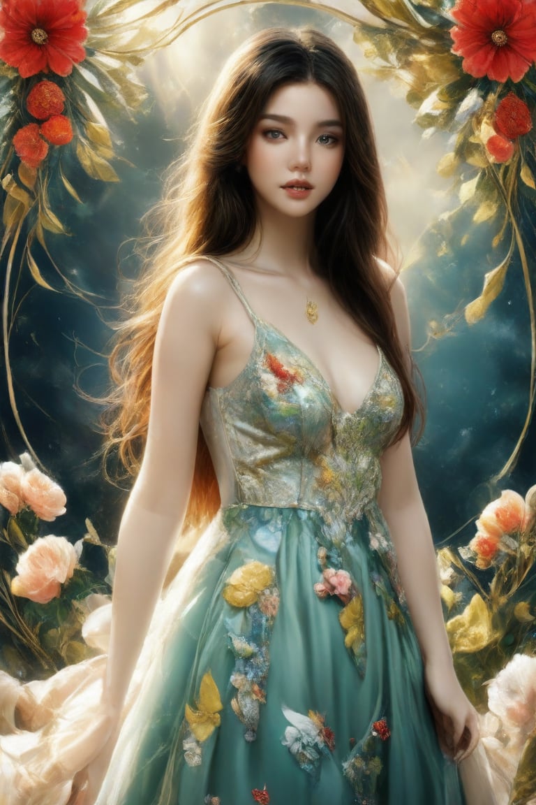 The task is asking to describe the visual elements present in the image using natural language. The description should focus on the main subject, which is the woman wearing a gown, and the background decor, which consists of floral arrangements and butterfly decorations. It's important to note the colors, materials, and overall aesthetic of the scene to provide a clear and vivid picture for someone who cannot see the image.,Supreme,Enhanced Realistic