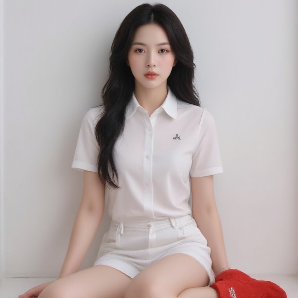 A young girl with striking features sits confidently in a straightforward composition. Her long, black hair cascades down her back as she looks directly at the viewer. Wearing a white shirt with short sleeves and matching shorts, she exudes a sense of sporty elegance. The camera frames her full body, showcasing her athletic build and bright red socks. Her piercing black eyes and subtle smile add to her captivating gaze, making the viewer feel like she's sharing a secret only with them.,High school,Teenager,Art