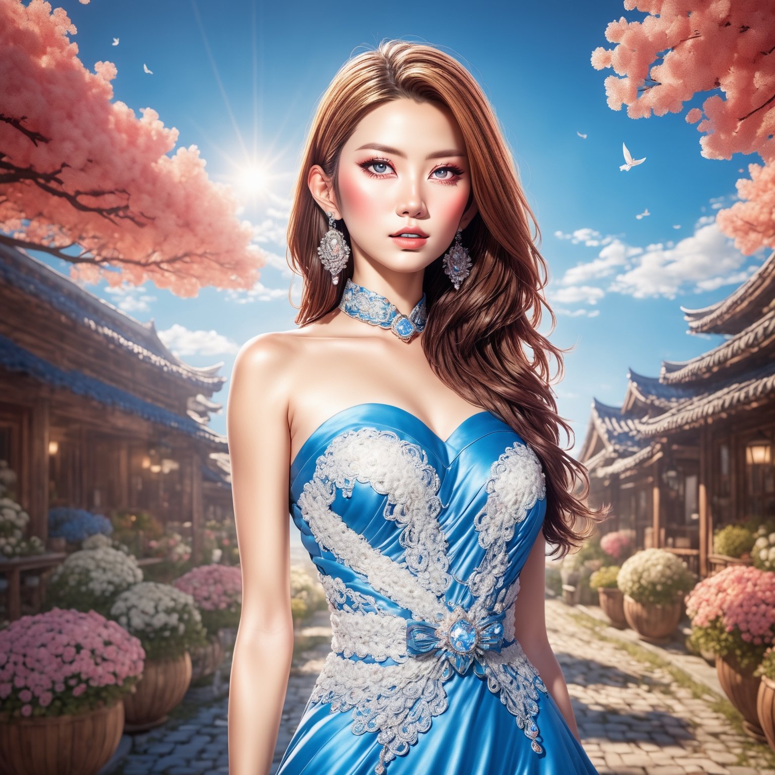 ((Full-Body)), 1female Korean hot model, wearing ((haute couture dress)), full detail, perfect viewpoint, highly detailed, wide-angle lens, hyper realistic, with dramatic sky, polarizing filter, natural lighting, vivid colors, early morning sunlight, everything in sharp focus,manga style,Extremely Realistic,r4w photo