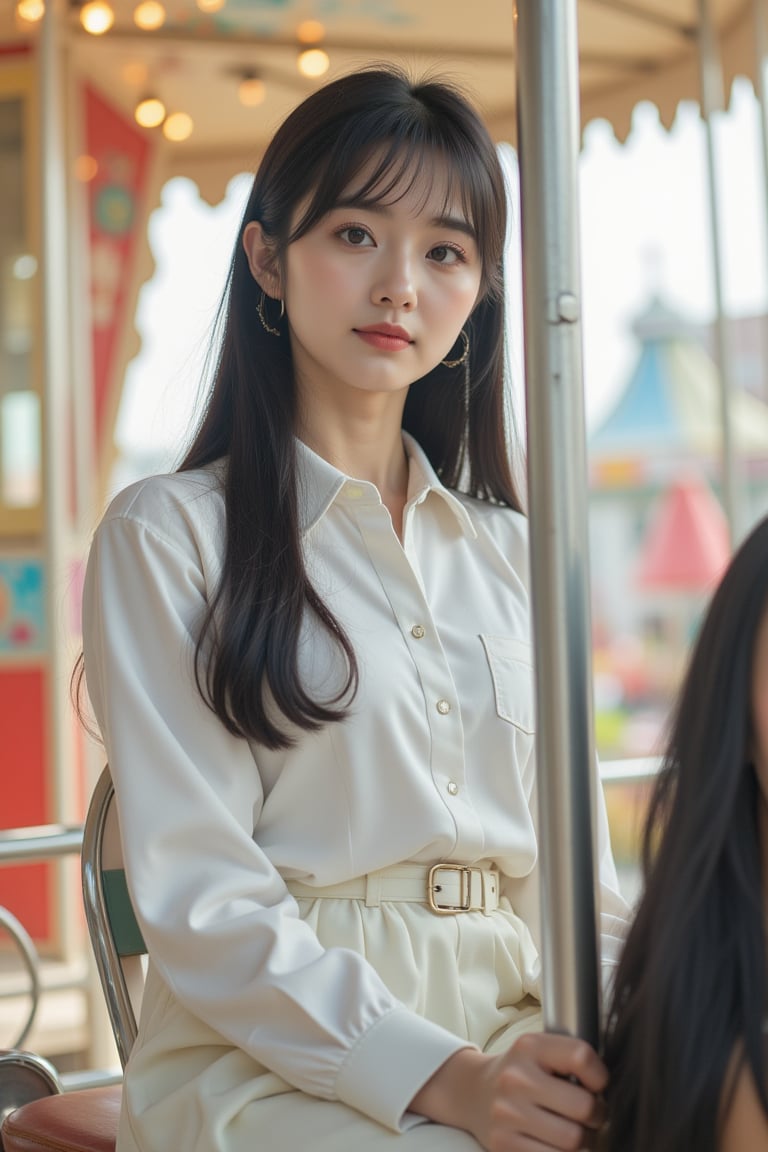 background is amusement park,
18 yo, 1 girl, beautiful korean girl,
wearing white collared long sleeve shirts,short pants, smile,riding a merry-go-round, solo, {beautiful and detailed eyes}, dark eyes, calm expression, delicate facial features, ((model pose)), Glamor body type, (dark hair:1.2), very_long_hair, hair past hip, bangs, straight hair, flim grain, realhands, masterpiece, Best Quality, 16k, photorealistic, ultra-detailed, finely detailed, high resolution, perfect dynamic composition, beautiful detailed eyes, eye smile, ((nervous and embarrassed)), sharp-focus, full_body, cowboy_shot,