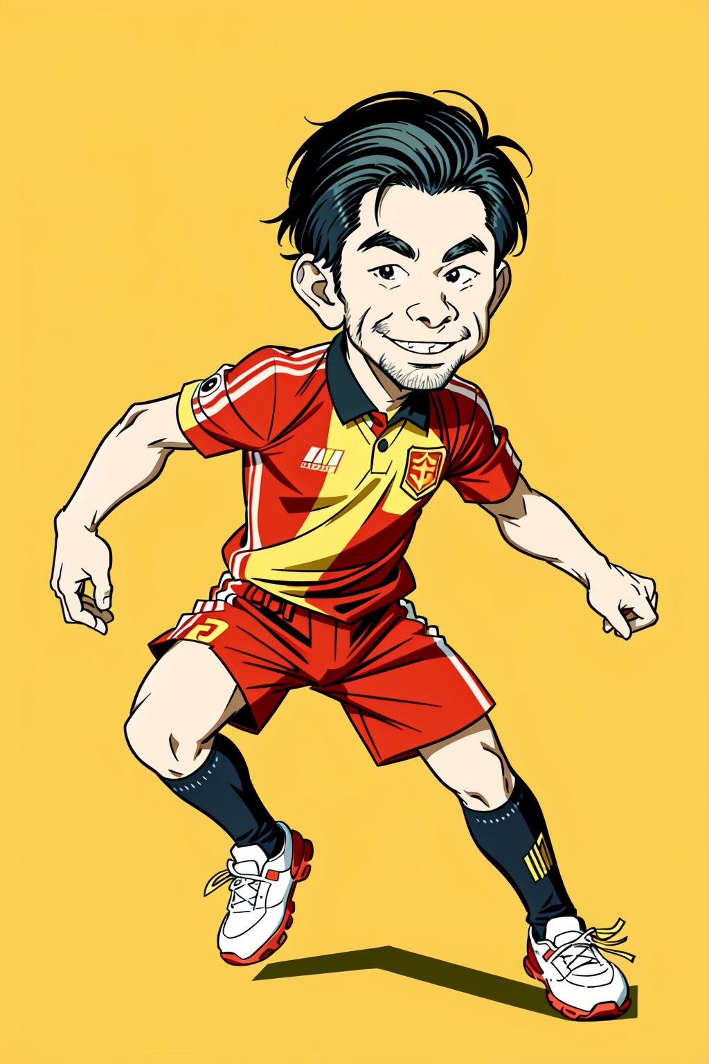 Masterpiece, best quality, 8k, caricature style, 1 Caricature figure of 1young Vietnamese soccer player, Vietnam national team uniform, Red and yellow abstract background,famous talented man