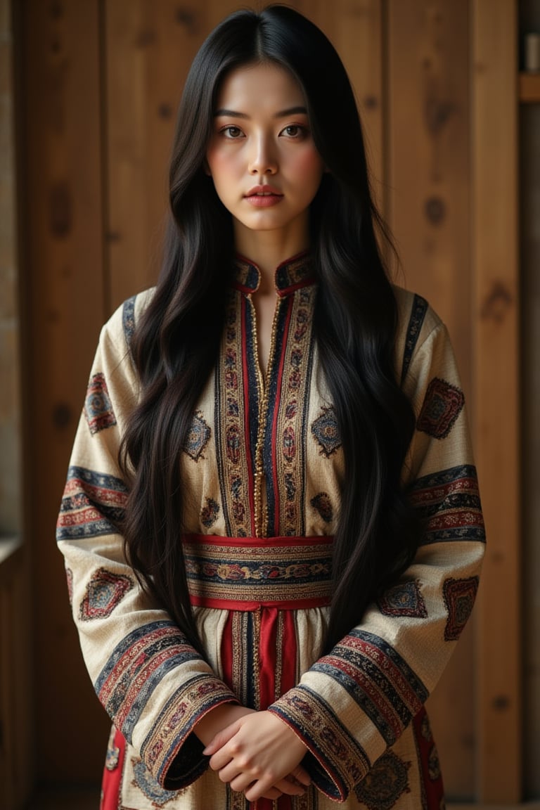 In a warm, golden-lit studio setting, a stunning Nordic girl stands out against a rustic wooden backdrop. Her long, straight black hair cascades down her back, framing her heart-shaped face with almond eyes and beautiful crystal blue irises that sparkle like the Arctic night sky. She wears the traditional Yakut national costume, complete with intricate textiles decorated in vibrant geometric patterns that shimmer and shine under the soft lighting. Her arms are adorned with decorative embroidery, adding an extra layer of cultural richness to her already stunning appearance. The camera captures her from a slightly low angle, emphasizing her statuesque height and regal presence as she poses confidently, exuding an aura of elegance and poise in this timeless, awe-inspiring style that perfectly embodies the essence of TaisaSDXL's aesthetic.