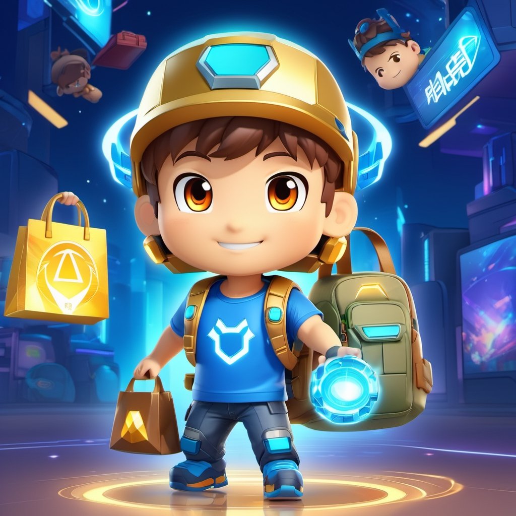 Chibi Mascot with head of a boy, wearing t-shirt that says "Halo",  holding a bag,Split lighting,3d style