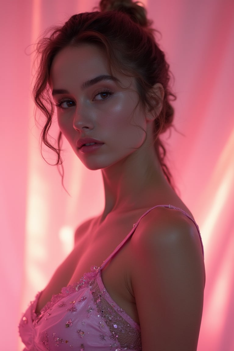 A ravishing young woman stands statuesque against a dreamy, soft focus pink-hued background, her high-definition skin texture seemingly within reach. She confidently poses with sharp lines and defined curves, guiding the viewer's gaze to trendy fashion elements harmoniously aligned. Frozen in a moment of artful stillness, her chiseled facial features and subtle curves are showcased in crystal-clear detail, drawing the eye to her captivating aura.