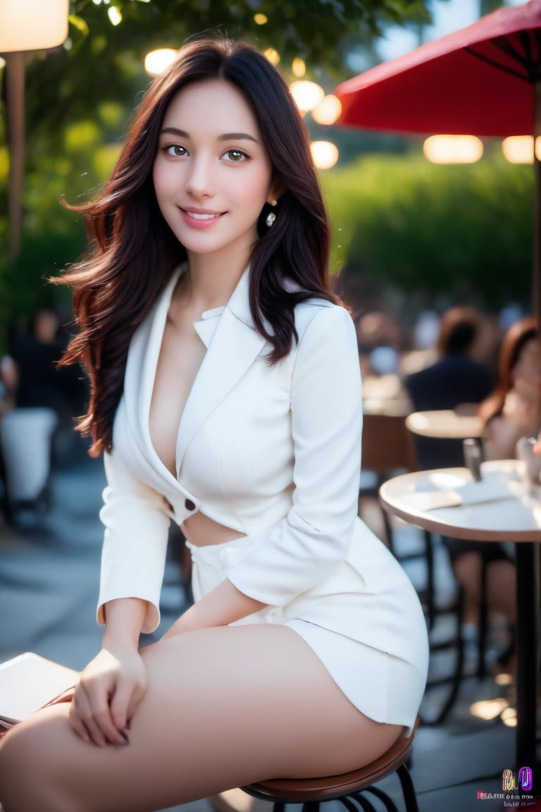 paris,street,outdoor cafe,parasol,table((coffee cups(straw),laptop,book,cellphone)),shoulder bag,
20 yo, 1 girl, beautiful korean girl,happy smile,drinking coffee,sitting(close legs) on the chair,
wearing white tight suit(laced blouse and jacket), tight short skirt,solo, {beautiful and detailed eyes}, dark eyes, calm expression, delicate facial features, ((model pose)), Glamor body type, (dark hair:1.2),hair_past_waist,curly hair,very long hair,simple tiny earrings, flim grain, realhands, masterpiece, Best Quality, 16k, photorealistic, ultra-detailed, finely detailed, high resolution, perfect dynamic composition, beautiful detailed eyes, eye smile, ((nervous and embarrassed)), sharp-focus, full_body, cowboy_shot,