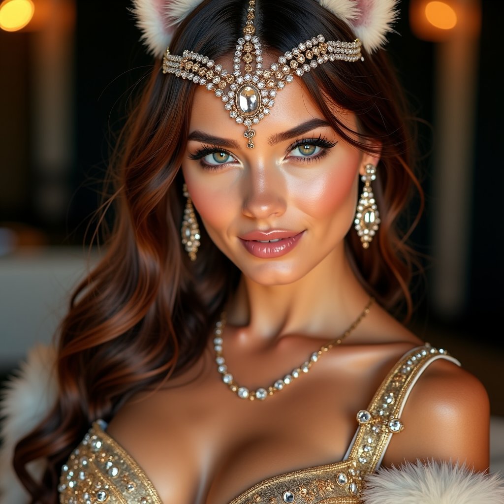 hot sexy female model, wearing ornate body jewelery suit. soft silky cat fur,  glamour shot, diamond lights, face close up, 