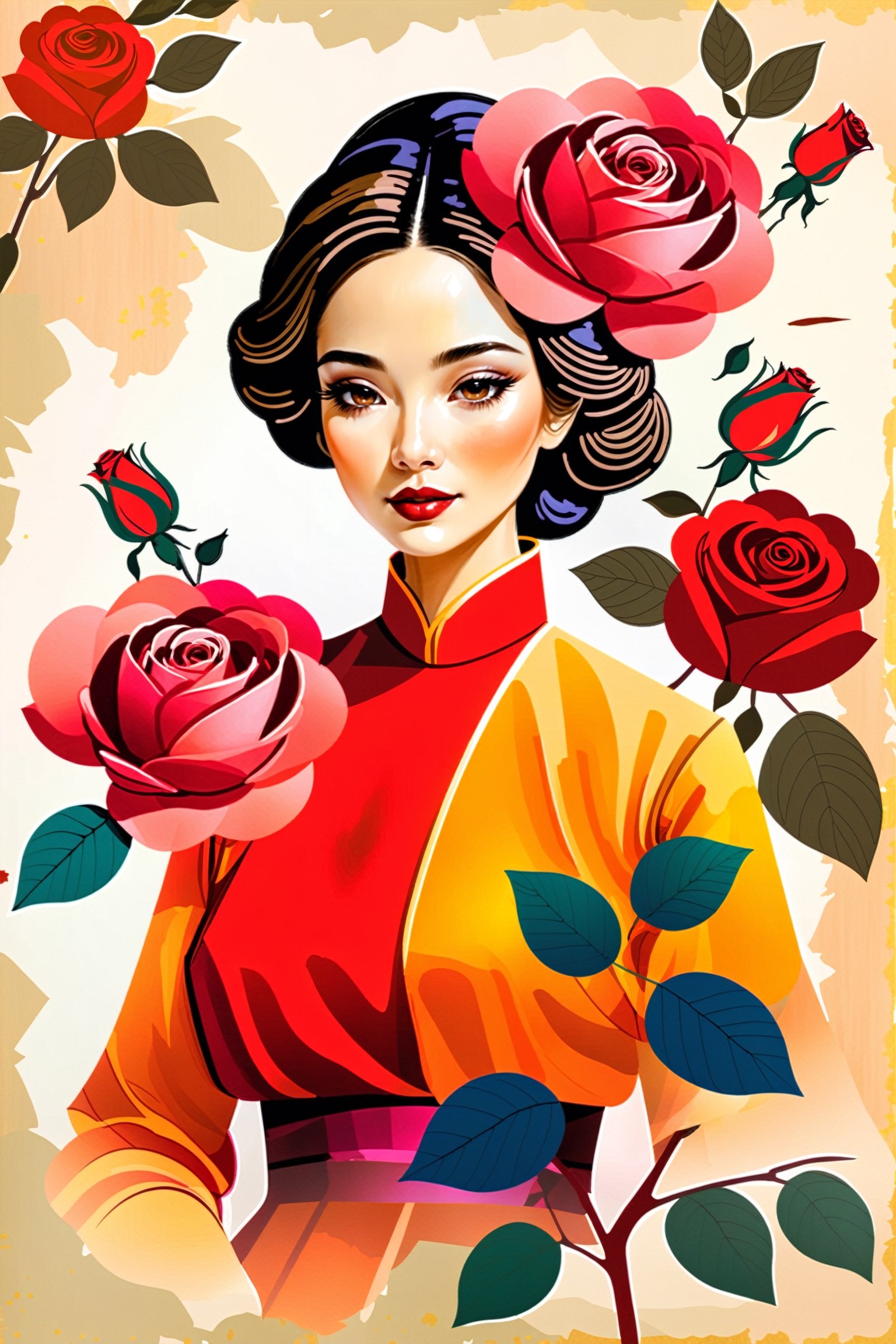 Create a modern-styled sketch portrait in silk textured old paper of a gentle lady inspired by roses and love, utilizing the vibrant color palettes and sleek lines reminiscent of the works by Vietnamese contemporary artist, background is full of roses abstract and bloody illustrations abstracts,chinese_painting,Vietgirl