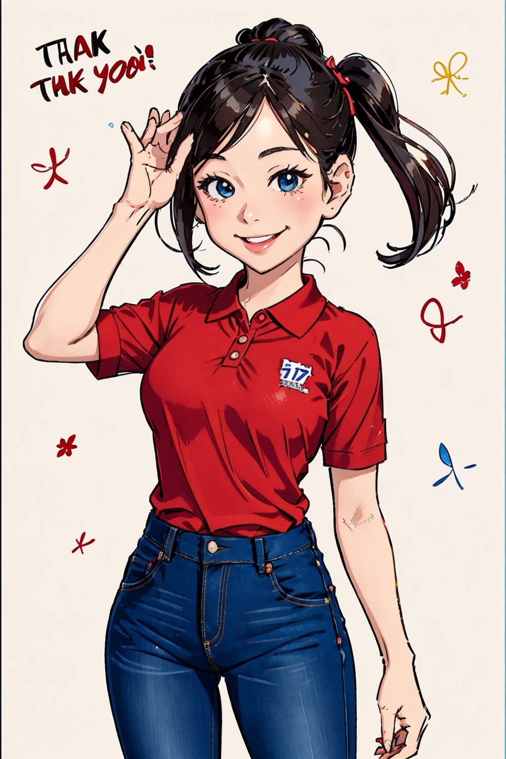 Caricature figure of a young Asian girl, 17yo, wears red polo shirt and jeans, smiling and do the "thank you" signal in Thai style.