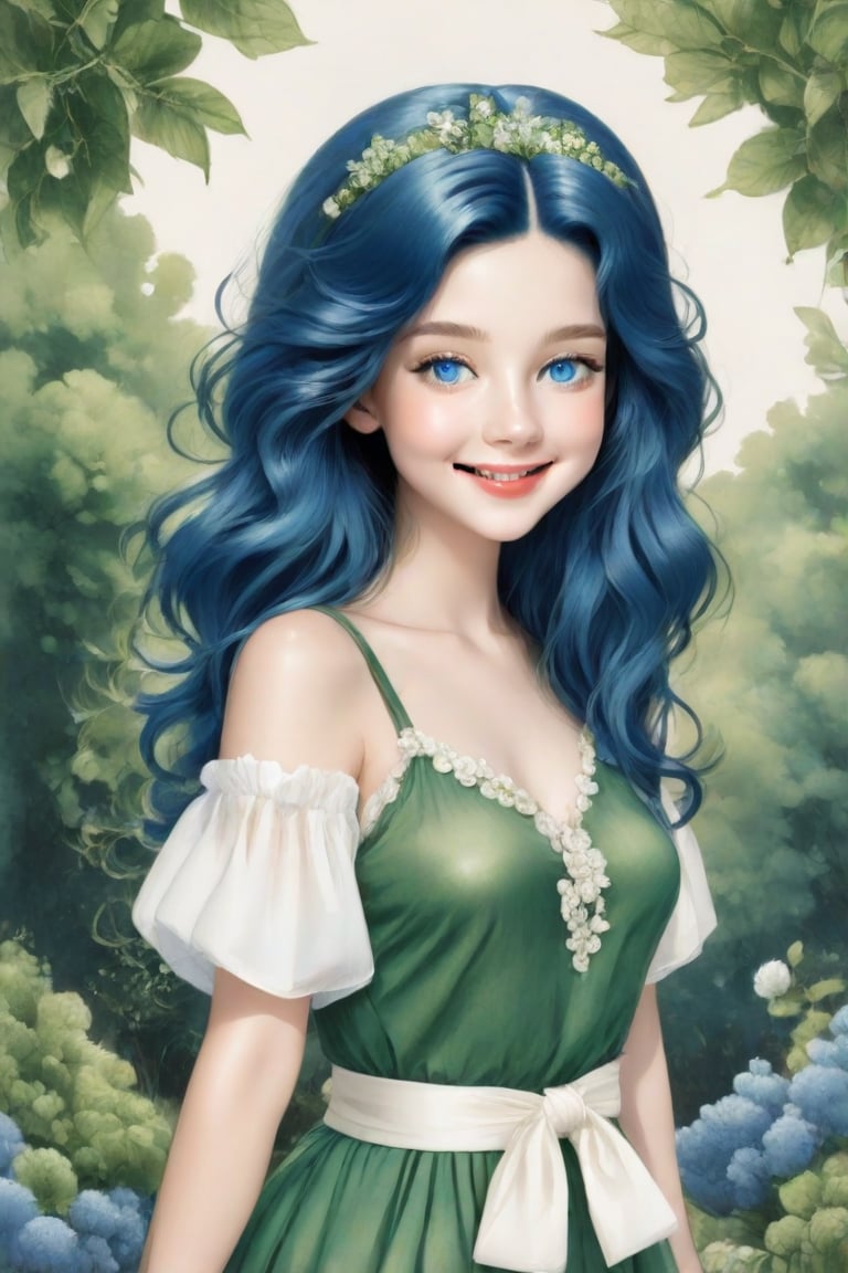 (Author Conrad Rosset), (1949s, 17-year-old girl, cute smile, blue eyes, long curly hair, blue hair, white ribbon, wink), mixed color watercolor, drawing, (deliberately beautiful),Cartoon,redhead,Supreme,Green Fashion 