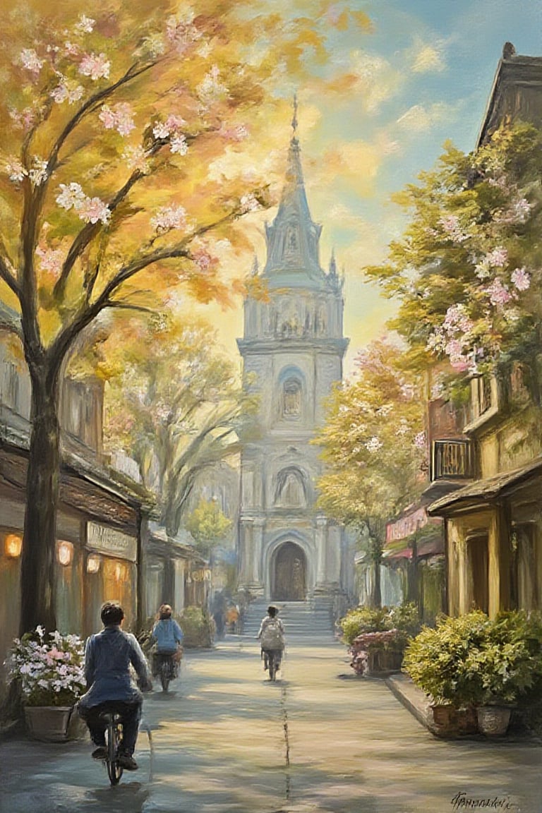 A vibrant depiction of Hanoi's Old Quarter at autumn dawn, with optimistic hues of sunshine yellow and sky blue. The winding streets are adorned with cherry blossom trees in full bloom, their delicate petals fluttering gently in the morning breeze. The iconic St. Joseph's Cathedral stands tall, its stone façade glistening with dew, as a solitary cyclo pedaller makes his way through the quiet streets.