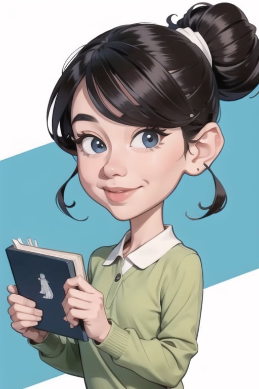 1girl, solo, wear daily clothes, hold a books, full detail face to describe her personality: Intelligent, Well- speaking,Caricature drawing style, by the best artist,Caricature drawin style