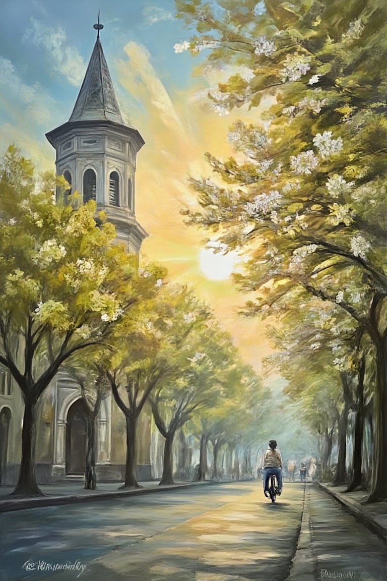 A vibrant depiction of Hanoi's Old Quarter at dawn, with optimistic hues of sunshine yellow and sky blue. The winding streets are adorned with cherry blossom trees in full bloom, their delicate petals fluttering gently in the morning breeze. The iconic St. Joseph's Cathedral stands tall, its stone façade glistening with dew, as a solitary cyclo pedaller makes his way through the quiet streets.