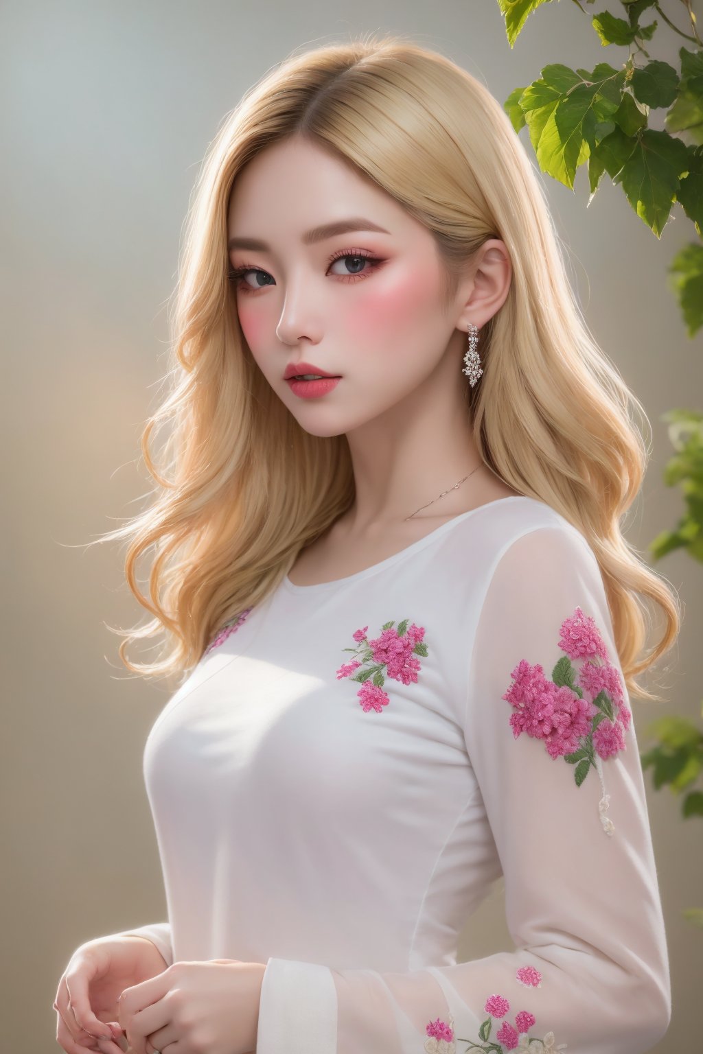 masterpiece, top quality, best quality, official art, beautiful and aesthetic:1.2), extreme detailed. 1 girl, long blonde hair, flowers and leaves entwined within her tresses, shades of white and yellow, wearing white top, ruffled detailing, embroidered pastel color floral chest motif, sleeves billowing at shoulders, tapering to wrists, hands clasped, soft and delicate aesthetic, intricate details in hair and clothing, light-hued background, subject focused, digital painting,more detail XL,watercolor