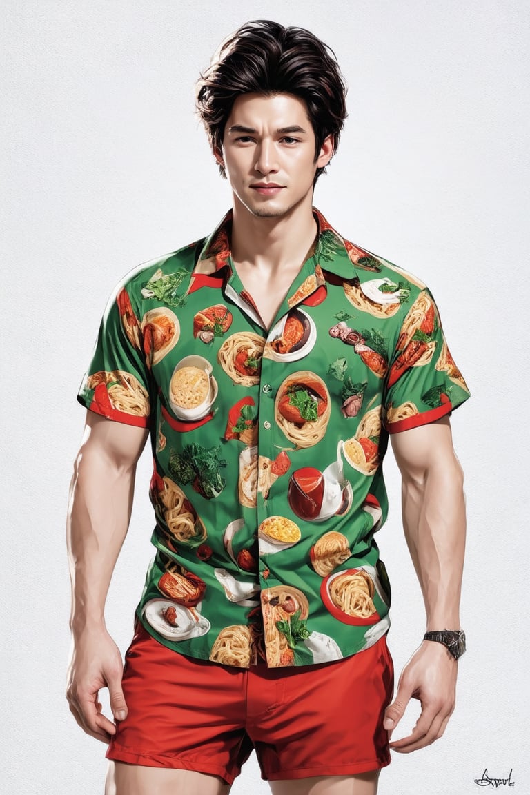 The image is a digital illustration featuring a male figure standing against a textured white background. The figure is depicted in a relaxed pose with one hand slightly touching the front of his outfit. His attire consists of a unique shirt and shorts that are patterned with various food items, including noodles, vegetables, and meats, suggesting a culinary theme. The colors in the pattern are vibrant, with reds, greens, and browns prominently featured. The illustration style is detailed, with clear outlines and shading that give depth to the design. There is no additional context provided beyond the figure and his attire.