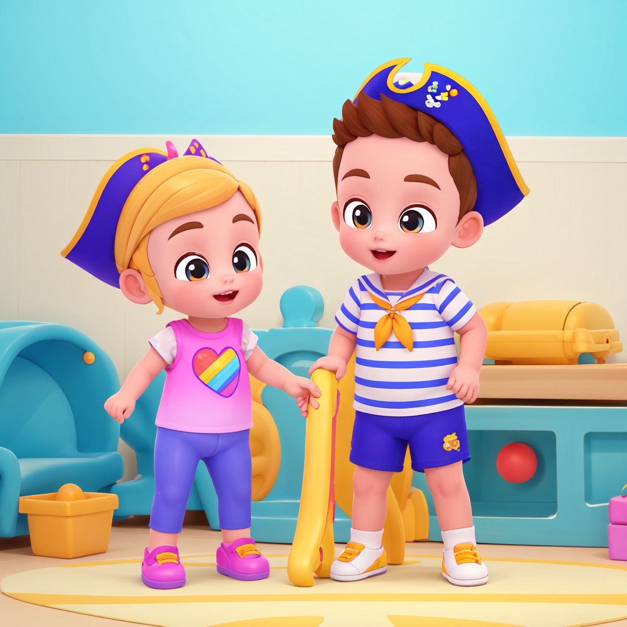 best quality, masterpiece, 1boy brother, wear pirates hat, is standing with his sister, playing toys, full hd, bebefinn style,Bebefinn Style