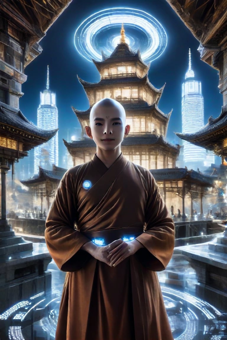 A serene monk stands within a futuristic pagoda's gleaming dome, surrounded by swirling circuits and pulsing LEDs. Softly glowing orbs hover above, casting an ethereal light on his peaceful expression. In the distance, sleek skyscrapers pierce the smoggy sky, while holographic whispers seem to emanate from the intricate carvings on the pagoda's walls. The air is alive with the hum of ancient wisdom and technological innovation, as the monk's eyes shine with an otherworldly understanding.