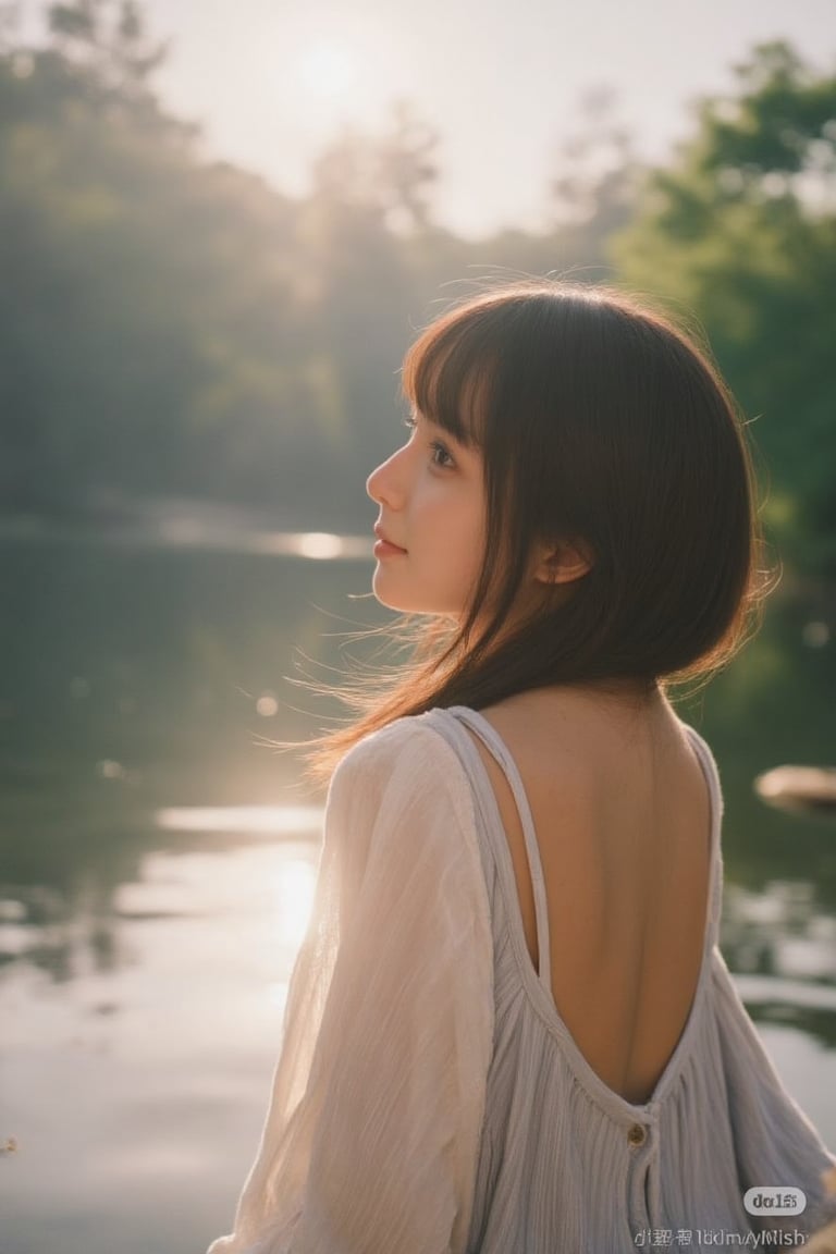 A serene and luminous dawn scene captures a 20-year-old woman standing at the edge of a tranquil lake, bathed in the soft warmth of the rising sun. Her long hair flows gently in the morning breeze as she gazes out across the calm water, her features softly lit by the golden light. The surrounding landscape is shrouded in mist, with tall trees and lush greenery subtly visible in the distance. The camera's eye is level with hers, showcasing the delicate curves of her face and the gentle slope of her shoulders.