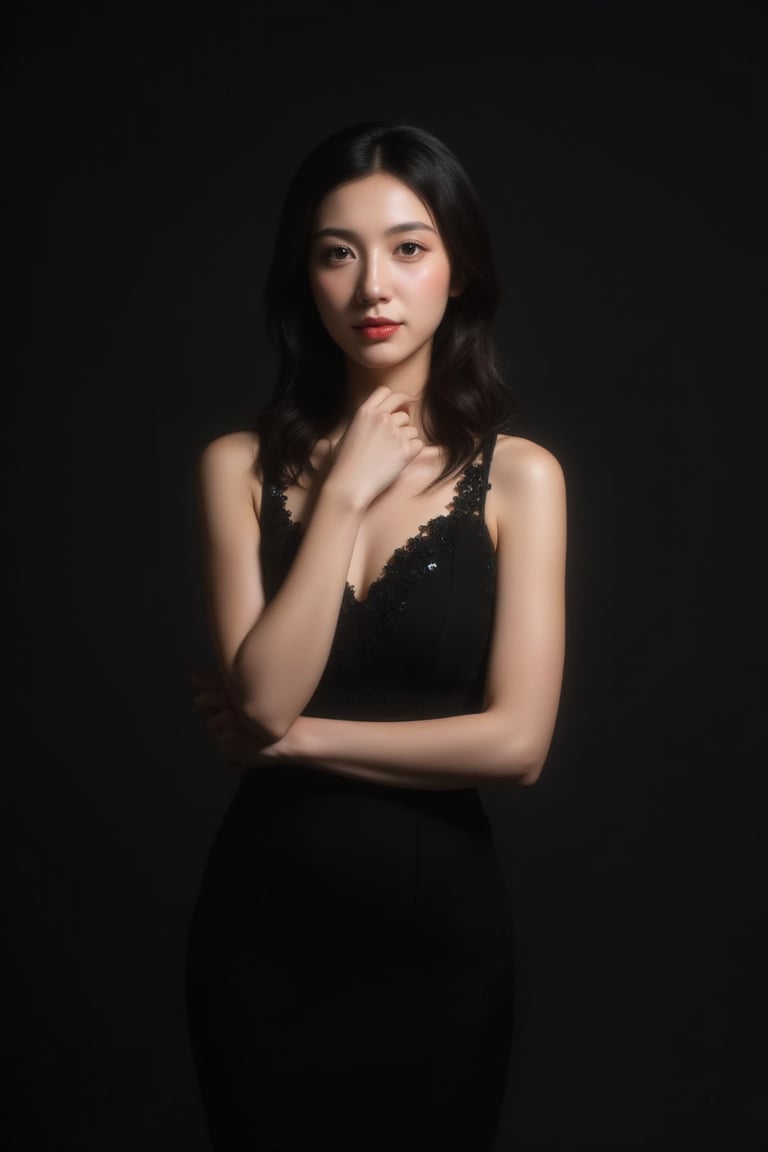 A 25-year-old Asian woman with porcelain-like skin and shoulder-length raven-black hair stands confidently in a dimly lit studio, illuminated by a combination of softbox lights and a sidelight. The volumetric lighting casts a subtle gradient of shadows across her features, accentuating the sharp angles of her cheekbones and the curves of her lips. Her full lips curve into a gentle, enigmatic smile, and her bright, expressive brown eyes seem to hold a secret. She wears a fitted, high-fashion evening gown made of intricate, hand-beaded silk, its surface reflecting the soft light and adding depth to the image.

**Supporting Characters:** Joining Astrid on her journey are a cast of complex and intriguing characters, including:

* Julian Saint Clair, a brooding and handsome model with a dark past
* Lena Grant, Astrid's fiery and supportive best friend and confidante
* Victor LaGrange, a ruthless and cunning fashion mogul with a hidden agenda

**Branding Type:** "Eclipse" - a sleek and modern film brand that exudes sophistication, mystery, and high-stakes drama.

**Tagline:** "In the shadows, beauty lies in wait."

**Visual Style:** The visual style of "Fading Light, Eternal Shadow" is dark, moody, and intensely cinematic. Think "Blade Runner" meets "The Devil Wears Prada" with a dash of "La Vie en Rose" thrown in for good measure. The color palette is predominantly dark and muted, with flashes of bright color to highlight the beauty and drama of the fashion world. Think bold, striking images that leap off the screen and grab the viewer by the throat.,teenager