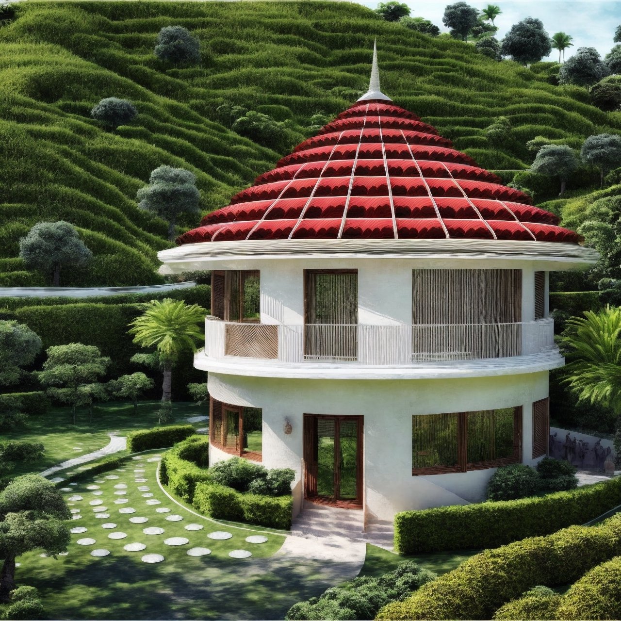 A round house, 2 floors, Conical ((((red)))) tile roof ,  in the middle of a green space, masterpiece, details, wonderful architectural image, brown door, blue glasses, white wall, black stell upstairs,Wonder of Art and Beauty, raw photo, masterpieces ,Round house,bird 's-eye view,luxury interior