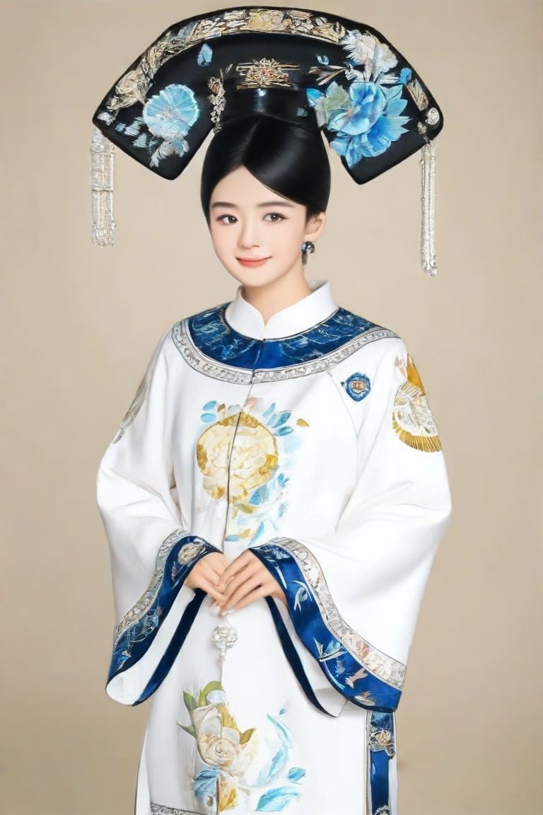 The image features a woman in traditional East Asian attire, which is characterized by its distinctive style and the use of floral patterns. The robe's white color is accented with blue and yellow embroidery, suggesting a connection to nature and possibly symbolizing wealth or status. The headdress is elaborate, with what appears to be precious stones and feathers, indicating a ceremonial or royal context. The setting is minimalistic, allowing the focus to remain on the subject. The overall impression is one of elegance and cultural heritage.