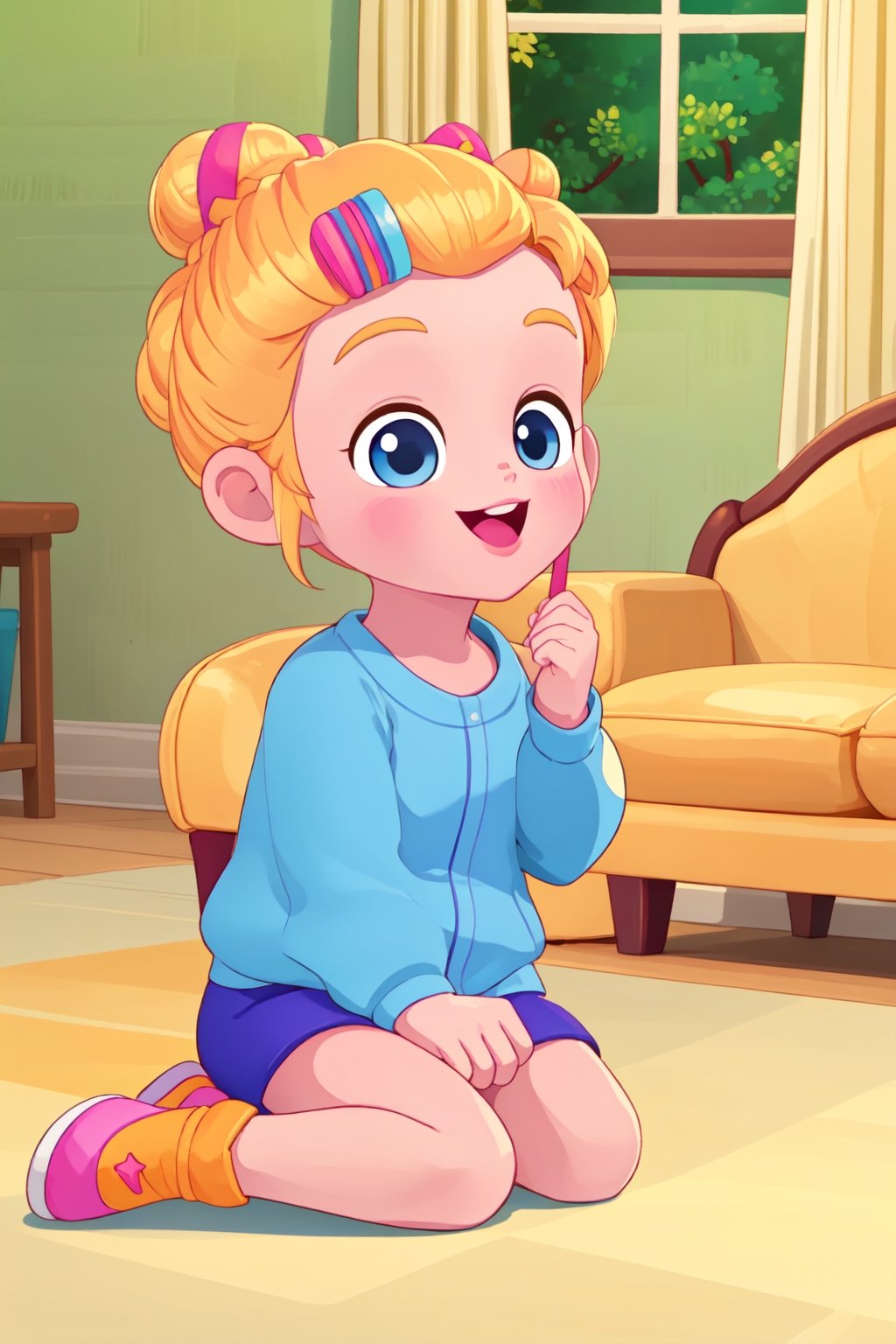 best quality, masterpiece, full hd, happy, netflix cartoon, Bebefinn Style; 
a girl kid, blonde bun  hair, about 7yo, sitting on sofa 
