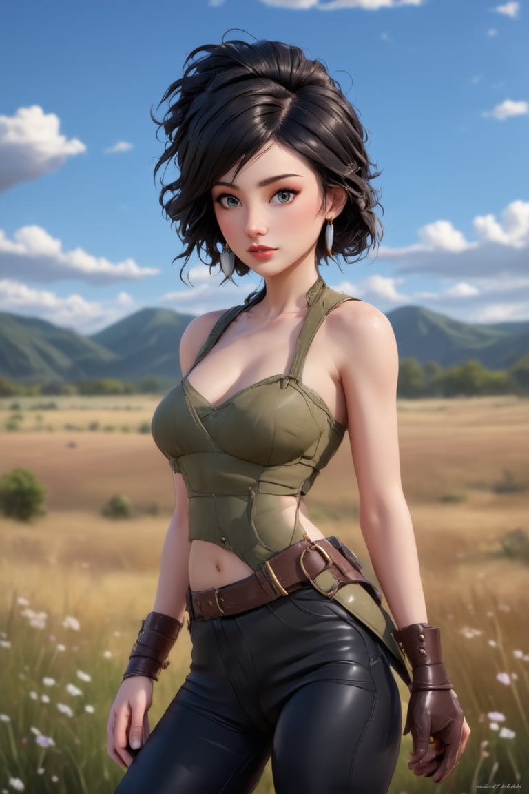 women. beautiful detailed face, black hair, pale skin, light skin, realistic skin, detailed fabric texture, detailed hair texture, perfect proportion, accurate, anatomically correct, highly detailed skin and face texture, modern, photorealistic, perfect face, hyper realism, mega realism, high quality. warrior, ancient mongolia, messy hairstyle. whole body. black pants, black boots,digital art