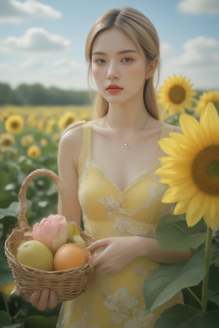 A serene moment unfolds as the blonde-haired beauty stands amidst a sea of sunflowers. Her sleeveless yellow dress, adorned with white flowers, catches the soft blue light, while the wicker basket overflowing with fresh fruit adds a pop of vibrancy to the scene. The wispy clouds in the distant sky provide a subtle contrast to the woman's bright attire. Framed by her pulled-back bangs, her face radiates warmth as she gazes gently into the distance, the silver necklace and ring on her finger adding a touch of elegance to the tranquil tableau.,lotus