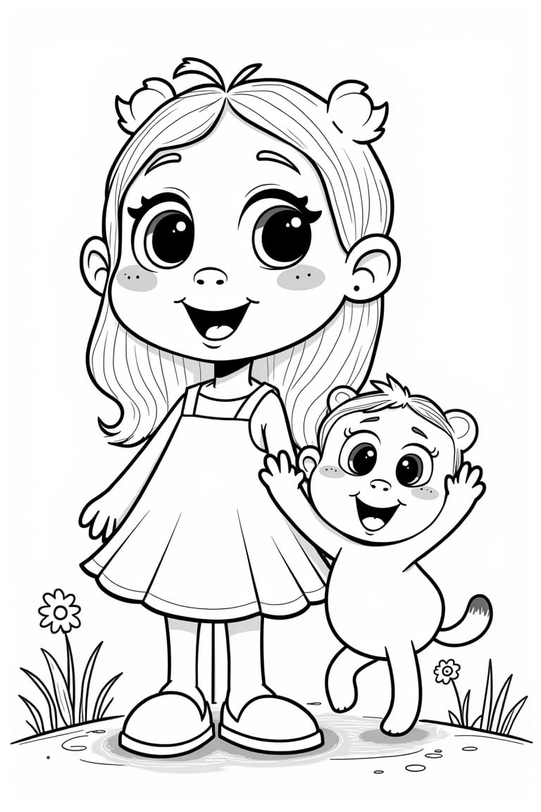 1 page coloring book for children, lovely cartoon characters, in funny land