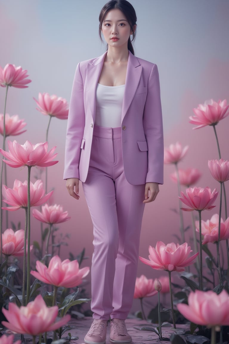 A statuesque figure stands tall amidst a serene backdrop of pink lotuses, bathed in soft, cool-toned light that highlights vibrant hues and tactile textures. The subject confidently poses with sharp lines and defined curves, its high-definition skin texture seemingly within reach, as the isometric composition guides the viewer's gaze to trendy fashion elements harmoniously aligned, frozen in a moment of artful stillness.