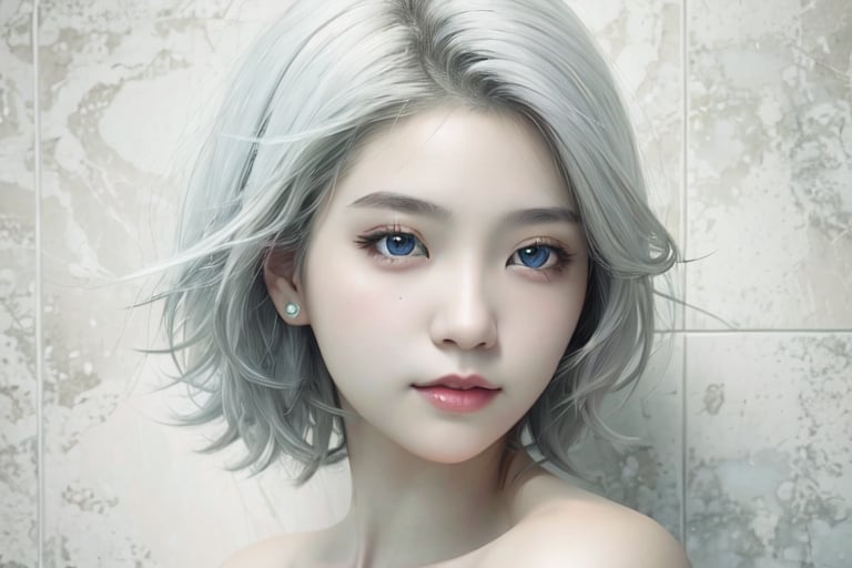 1girl, solo, looking at viewer, short hair, upper body, white hair, lips, grey eyes, realistic