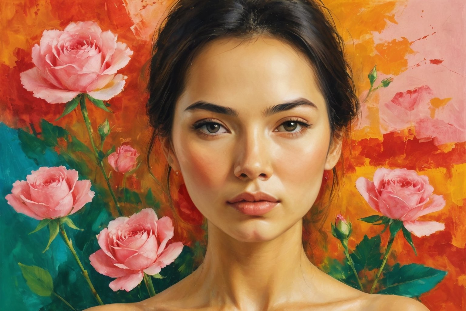 Create a modern-styled sketch portrait of a gentle lady inspired by roses and love, utilizing the vibrant color palettes and sleek lines reminiscent of the works by Chinese contemporary artist Zhang Xiaogang, background is full of roses abstracts,Unique Masterpiece,Split lighting,Replay1988