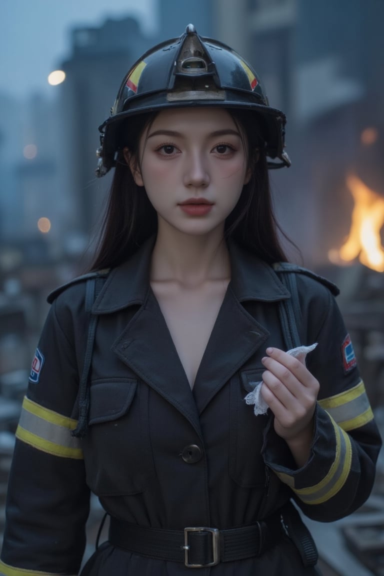 A cinematic, film-noir inspired scene evoking the atmospheric style of David Fincher, set against a gritty, smoke-filled cityscape at dusk. A slender, 5'8" Asian-American female firefighter, Mei, with porcelain skin and raven-black hair, stands amidst the ruins, her rugged, flame-scorched coat and helmet a testament to her bravery. Her eyes, a deep, piercing brown, hold a mix of exhaustion and determination as she surveys the devastation. In the foreground, a delicate, lace-trimmed handkerchief clutched in her palm, a poignant reminder of her personal loss amidst the chaos. Soft, golden light from a distant streetlamp casts long shadows, accentuating the lines of her face, while a faint, blue-purple haze from a nearby fire casts an otherworldly glow. The image is shot on 35mm film, with a shallow depth of field, emphasizing Mei's features and subtly blurring the background. A slight film grain and warm color grading, reminiscent of Kodak Portra 400, add a sense of nostalgia and grit to the scene.,teenager