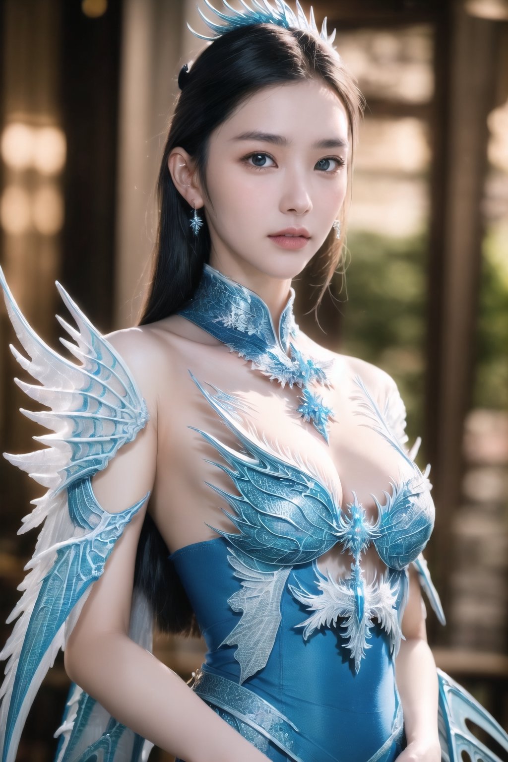 ((best quality)), ((masterpiece)), ((ultra-detailed)), extremely detailed CG, (illustration), ((detailed light)), (an extremely delicate and beautiful), a girl, solo, ((upper body,)), ((cute face)), expressionless, (beautiful detailed eyes), blue dragon eyes, (Vertical pupil:1.2), white hair, shiny hair, colored inner hair, (Dragonwings:1.4), [Armor_dress], blue wings, blue_hair ornament, ice adorns hair, [dragon horn], depth of field, [ice crystal], (snowflake), [loli], [[[[[Jokul]]]]],Daughter of Dragon,Young beauty spirit 