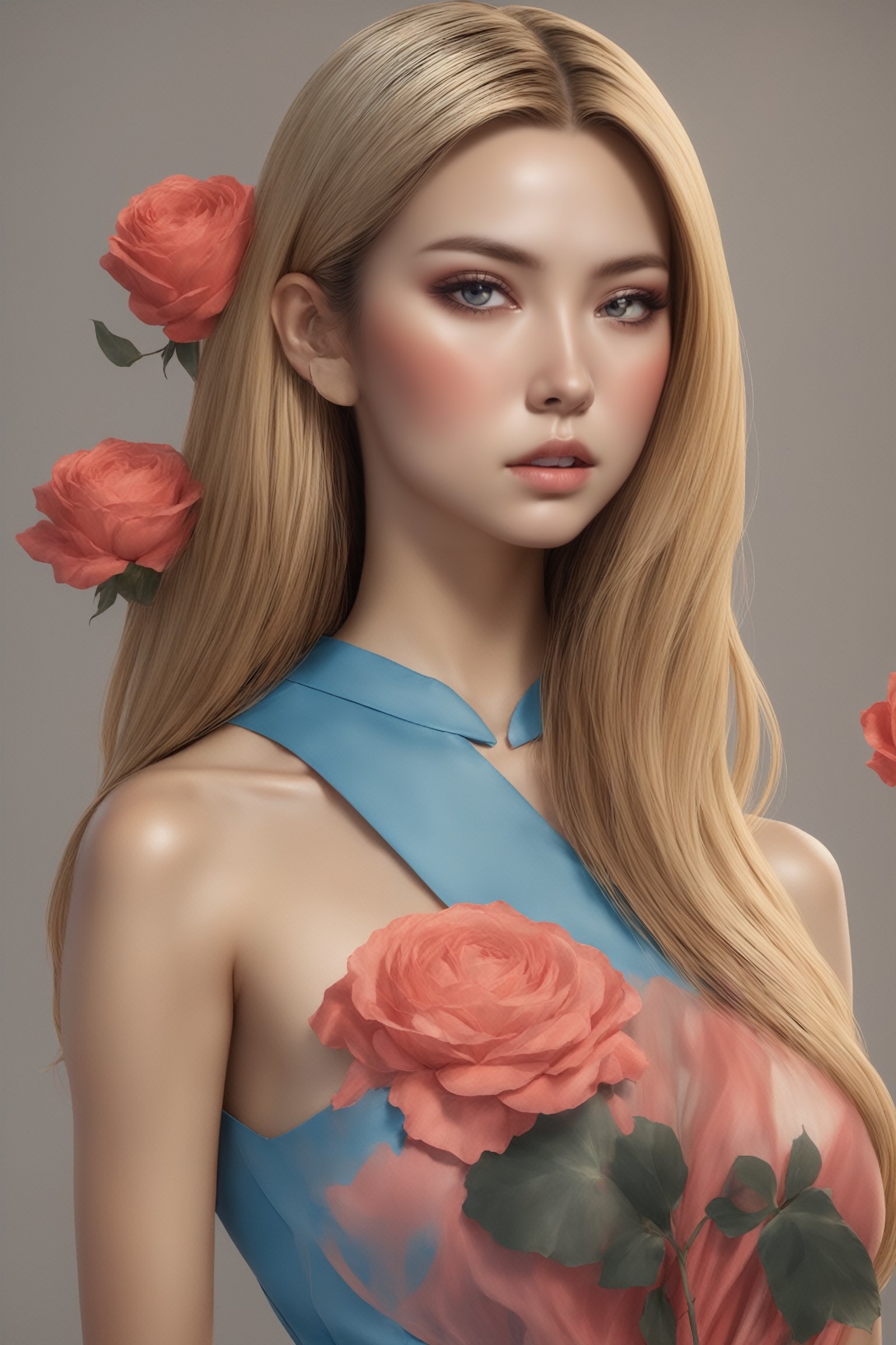 Create a modern-styled sketch portrait in silk textured paper of a gentle lady inspired by roses and love, utilizing the vibrant color palettes and sleek lines reminiscent of the works by Chinese contemporary artist Zhang Xiaogang, background is full of roses abstracts,xxmix_girl,Enhanced All,Long Legs and Hot Body,Unique Masterpiece,Vietgirl