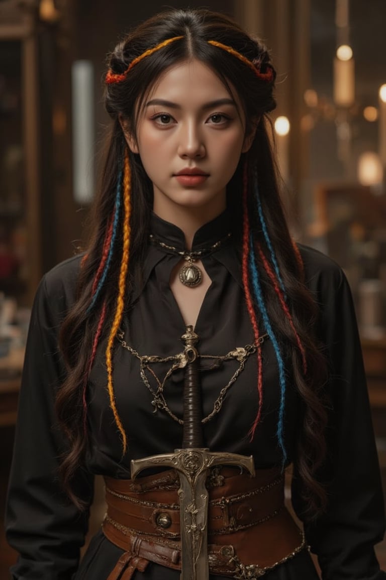 In a dimly lit, Victorian-era inspired setting, a stunning Steampunk lady stands tall. Her majestic dreadlocks cascade down her back in a kaleidoscope of colors, blending seamlessly with the intricate details of her steampunk attire. A gleaming silver sword adorns her waist, its ornate design reflecting off her photorealistic features. The 8K resolution and Unreal Engine precision bring every hyperrealistic detail to life, as if this breathtaking scene is a living, breathing entity.,Best face ever