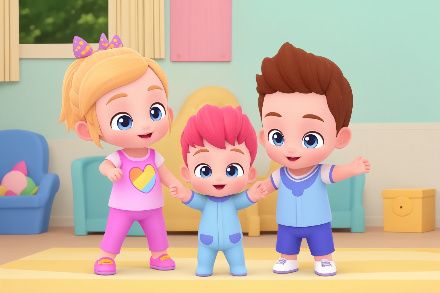 best quality, masterpiece, full hd, happy, netflix cartoon, Bebefinn Style; 
There Are 2 characters and they are playing together in living room:
Character #1: a girl kid, blonde long hair, about 7yo. She is sister and wearing a dress.
Character #2: a baby boy, pink hair, about 3yo, wears blue clothes, holding a dog puppet.