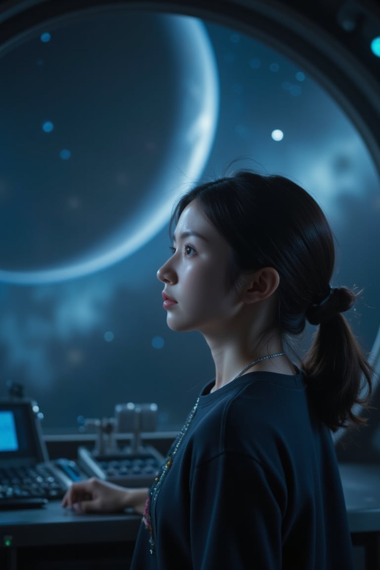 Close-up shot of a young girl's face, her eyes fixed intently on the vast expanse of stars and planets outside the giant glass dome of a spacecraft. Her dark hair is tied back in a ponytail, and her skin has a warm glow from the soft blue lighting within the ship. The atmosphere inside is dimly lit, with only subtle hints of instrument panels and control stations visible behind her. Her gaze is lost in thought, as if contemplating the mysteries of the universe.