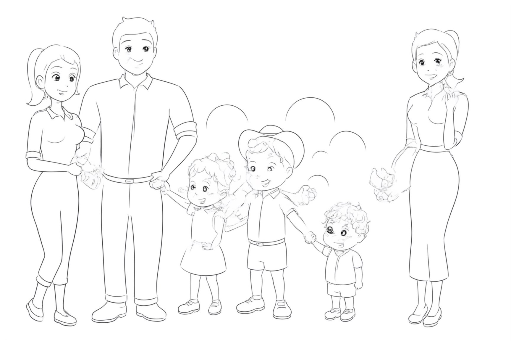 Unique Masterpiece,B&W minimalist pencil drawing, 
happy family

