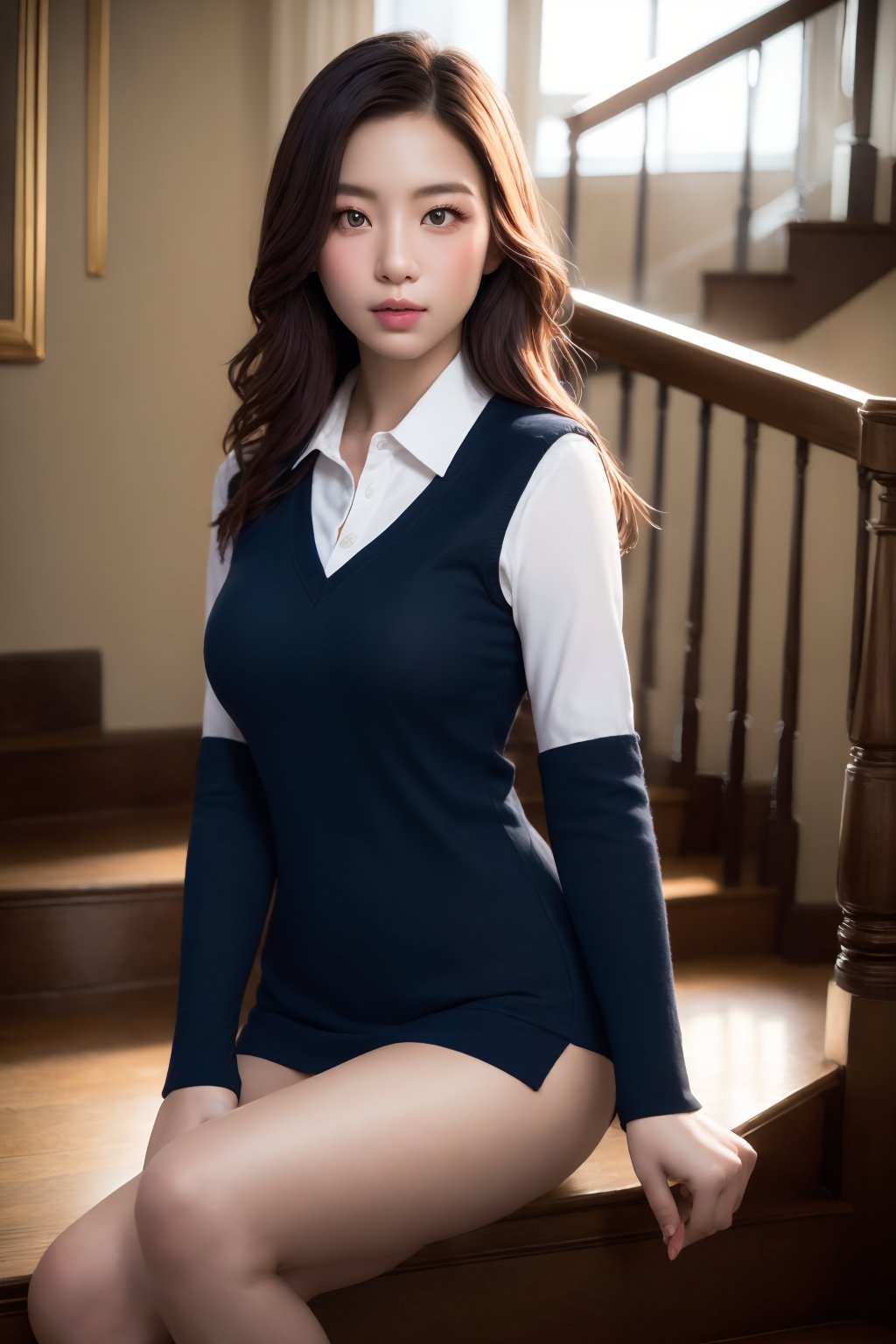 Here's a prompt that meets your requirements:

A photorealistic image of a high school girl sitting on the stair, dressed in her crisp school uniform. The scene is captured in ultra-detailed, finely detailed, and high-resolution quality, with a perfect dynamic composition that draws the viewer's eye. Her beautiful, detailed eyes are sharp in focus, and the cowboy-shot framing captures the subject perfectly. Soft, split lighting highlights her features, creating a warm and inviting atmosphere.