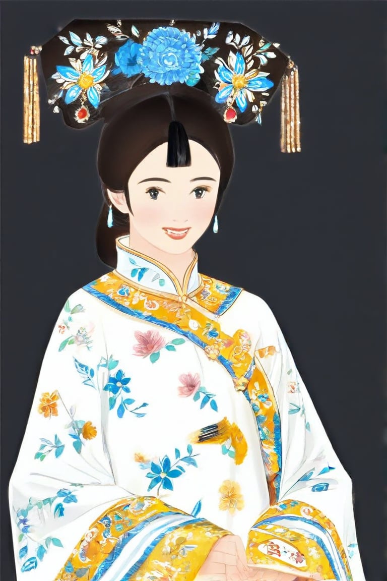 The drawing features a woman in traditional East Asian attire, which is characterized by its distinctive style and the use of floral patterns. The robe's white color is accented with blue and yellow embroidery, suggesting a connection to nature and possibly symbolizing wealth or status. The headdress is elaborate, with what appears to be precious stones and feathers, indicating a ceremonial or royal context.