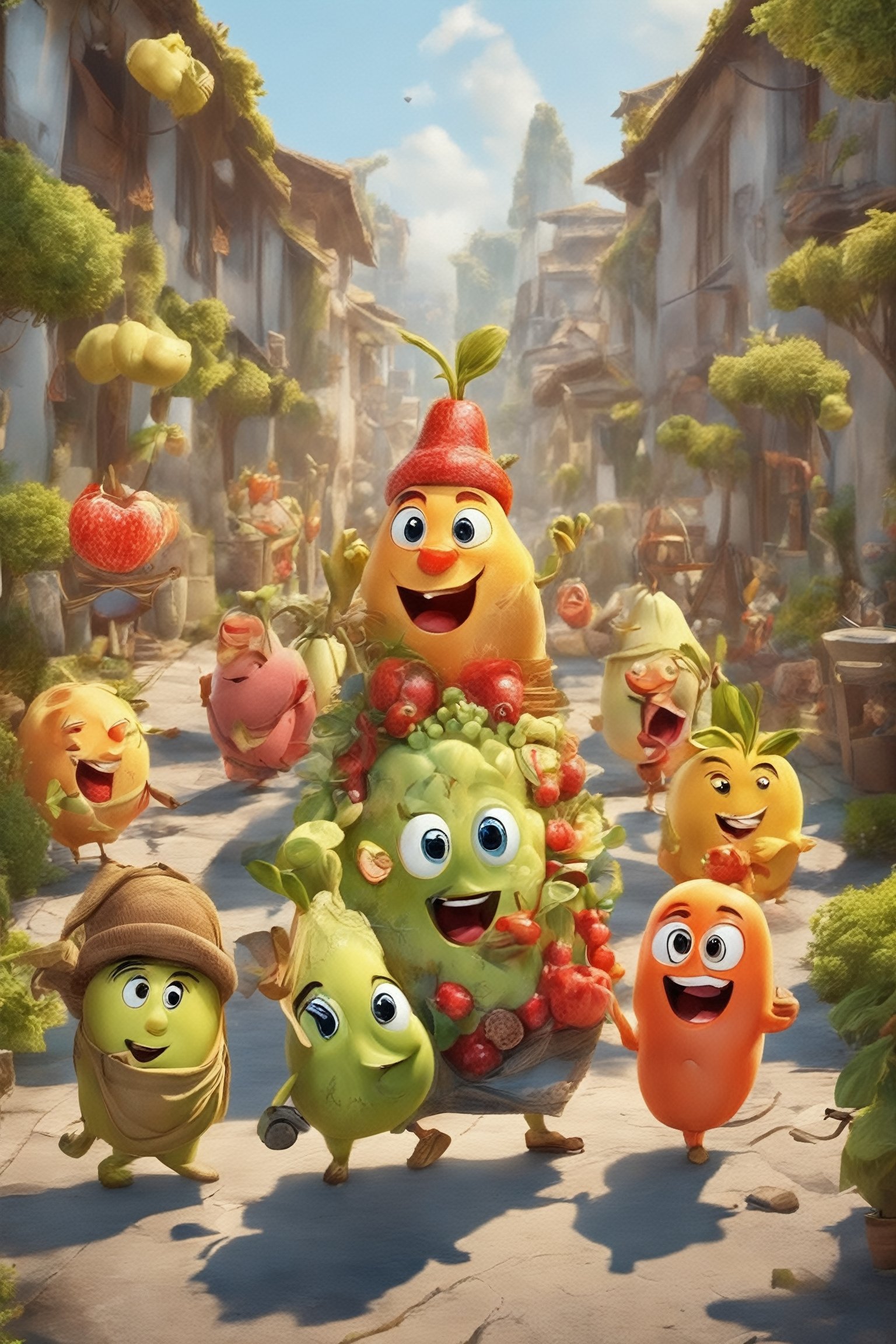 (((masterpiece))),best quality, fruit characters in a cartoon movie are celebrating new year