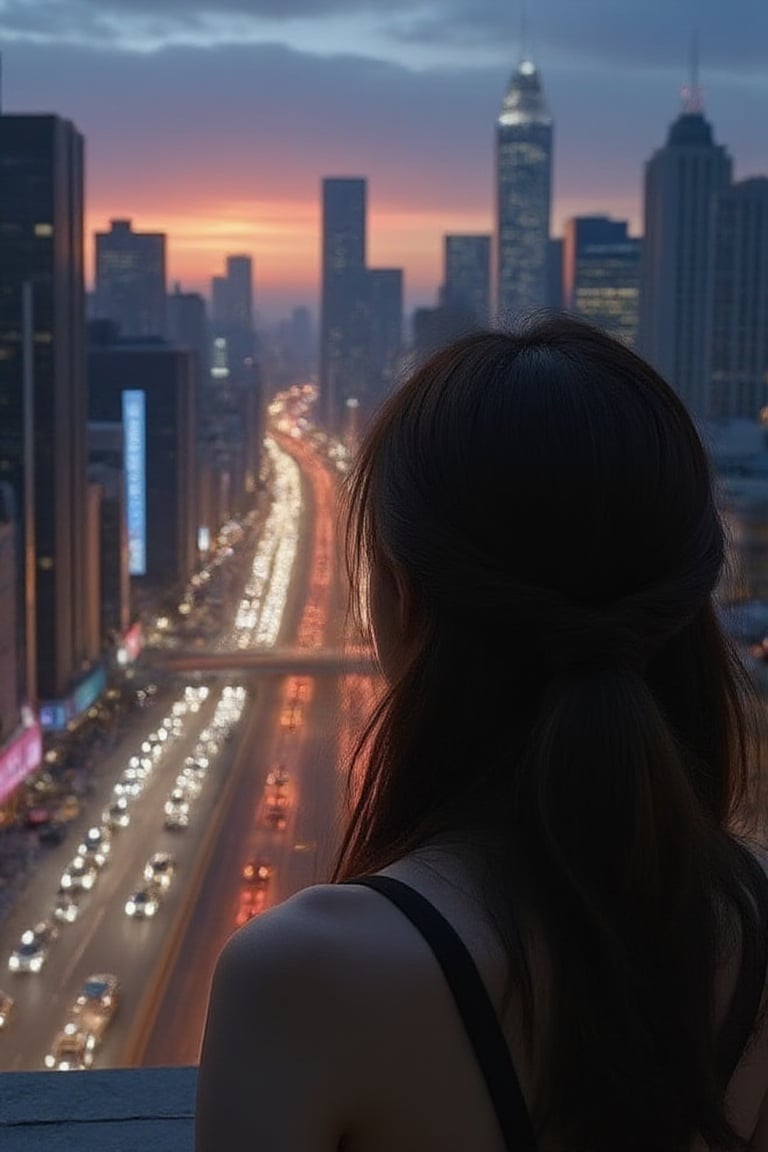 (masterpiece, best quality), (busy city,bustling atmosphere,silhouette of a teenage girl at the top of a building looking down at the street), dusk, neon lights, high-rise buildings, twinkling cityscape, energetic pedestrians, rushing traffic, vibrant colors, urban metropolis, hustle and bustle, modern architecture, skyscrapers, city lights, asphalt roads, flickering street lamps, urban soundscape, blurred motion of cars and people, urban sprawl, city at night, nightlife, teenager's contemplative stance, isolated figure, loneliness in the crowd, ethereal atmosphere, mysterious aura, reflection of city lights on the windows, warm glow of the setting sun, exciting energy, imposing shadows, towering skyscrapers, rebellious spirit, expansive city view, vivid vitality, metropolitan dreamscape, urban exploration, romanticized chaos, captivating skyline, anonymous faces, concrete jungle, raw emotions, inspiring heights, clenched fists, hazy skyline, endless possibilities,Enhanced All,ghibli,cyber,luxury style,wonder beauty