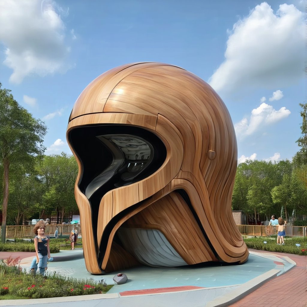 A futuristic structure resembling a gleaming wooden helmet stands tall in a vibrant edutainment park. Realistic enhancements bring the wooden panels to life with intricate carvings and a smooth, honey-brown finish. The building's unique shape commands attention, while surrounding greenery and playful attractions create a lively atmosphere.