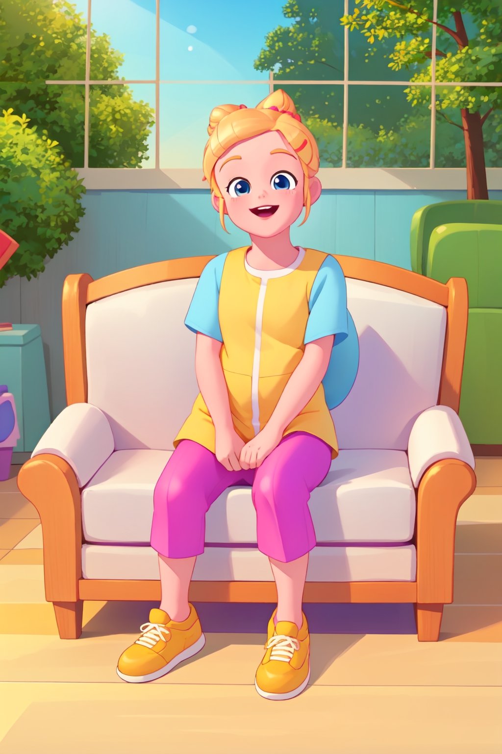 best quality, masterpiece, full hd, happy, netflix cartoon, Bebefinn Style; 
a girl kid, blonde bun  hair, about 7yo, sitting on sofa 
