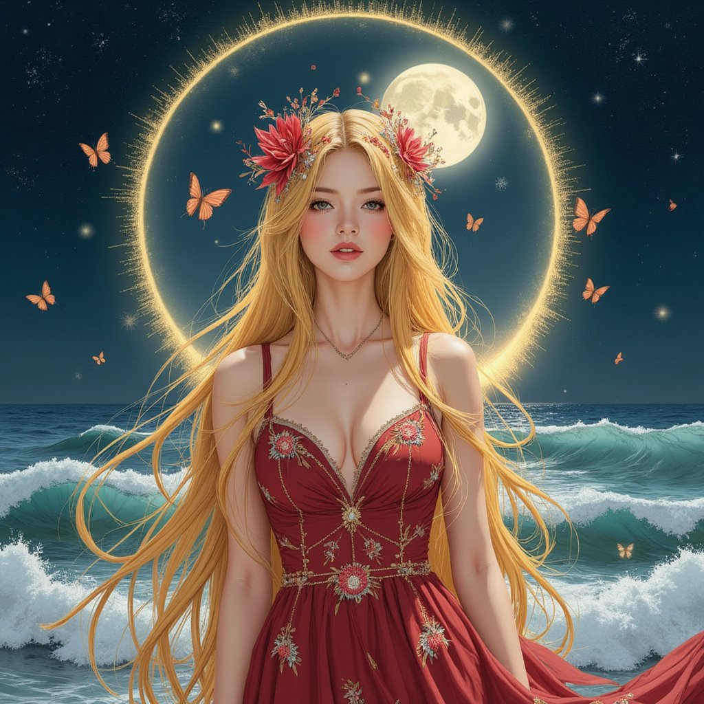 Here's a potential digital illustration based on your description:

Title: 'Moonlit Enchantress'

The illustration features a fantastical woman standing against a backdrop of a large, glowing sea under a shimmering starry night sky. Her yellow hair flows like a river, with intricate strands that seem to come alive in the soft, gentle moonlight. She wears an ornate gown, deep red in color, adorned with intricate flower patterns and sparkling jewels that catch the light. The headpiece is a masterpiece of complexity, featuring delicate petals and gemstones that shimmer and shine. A halo of light and butterflies creates a magical aura around her, as if she's conjuring up the essence of the moon and sea. The moon above casts a soft glow over the scene, illuminating the waves and creating a sense of peace and tranquility.