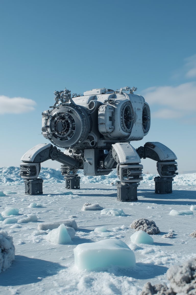 A robotic explorer perched on Neptune's icy surface, its bulky chassis firmly anchored by multi-legs against fierce gusts and treacherous terrain. The armored body, segmented and made of high-durability alloys, resists freezing temperatures and crushing pressure. A rotating sensor array and telescopic limbs extend to probe the frozen ground and analyze the methane-rich atmosphere. Massive turbine-like fans stabilize the robot as it moves steadily across the frozen expanse, while a large, reinforced tread pattern grips the icy surface.