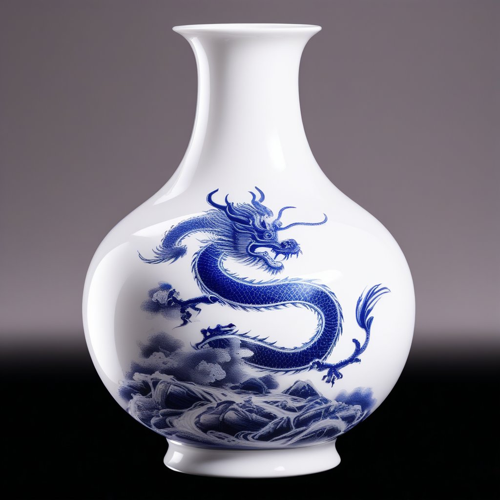 Create an image of a white Chinese vase with a Theo blue ink drawing of a Chinese dragon and a calligraphy inscription. The vase is set against a velvet black background, illuminated by a soft box light effect, highlighting the intricate details and the vibrant blue ink. The composition focuses on the vase, with the dragon and calligraphy prominently displayed, capturing the elegance and cultural significance of the piece.,Unique Masterpiece,Enhanced Realistic