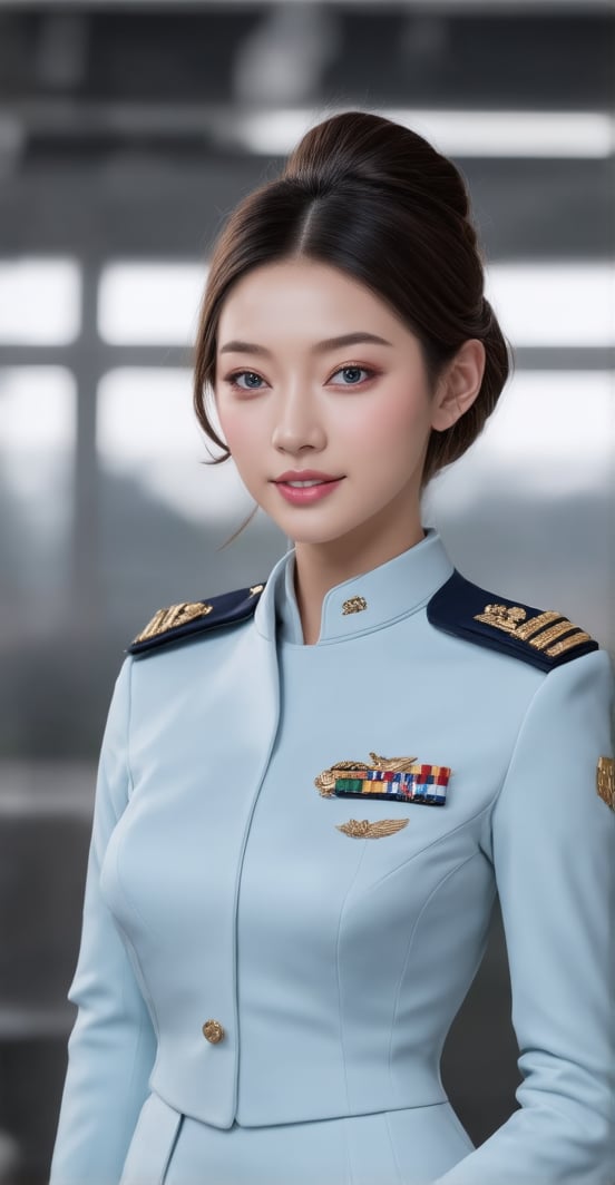 A stunning portrait of young hottest de l'air, showcasing stylized features, elegant facial expressions, and a radiant smile. Her hair is styled in a sleek bun, complementing her flight uniform attire. The high-resolution image is set against a blurred background with subtle dark tones, allowing the subject's beauty to take center stage. A flawless complexion and expert makeup application enhance her Elite beauty, exuding confidence and poise.