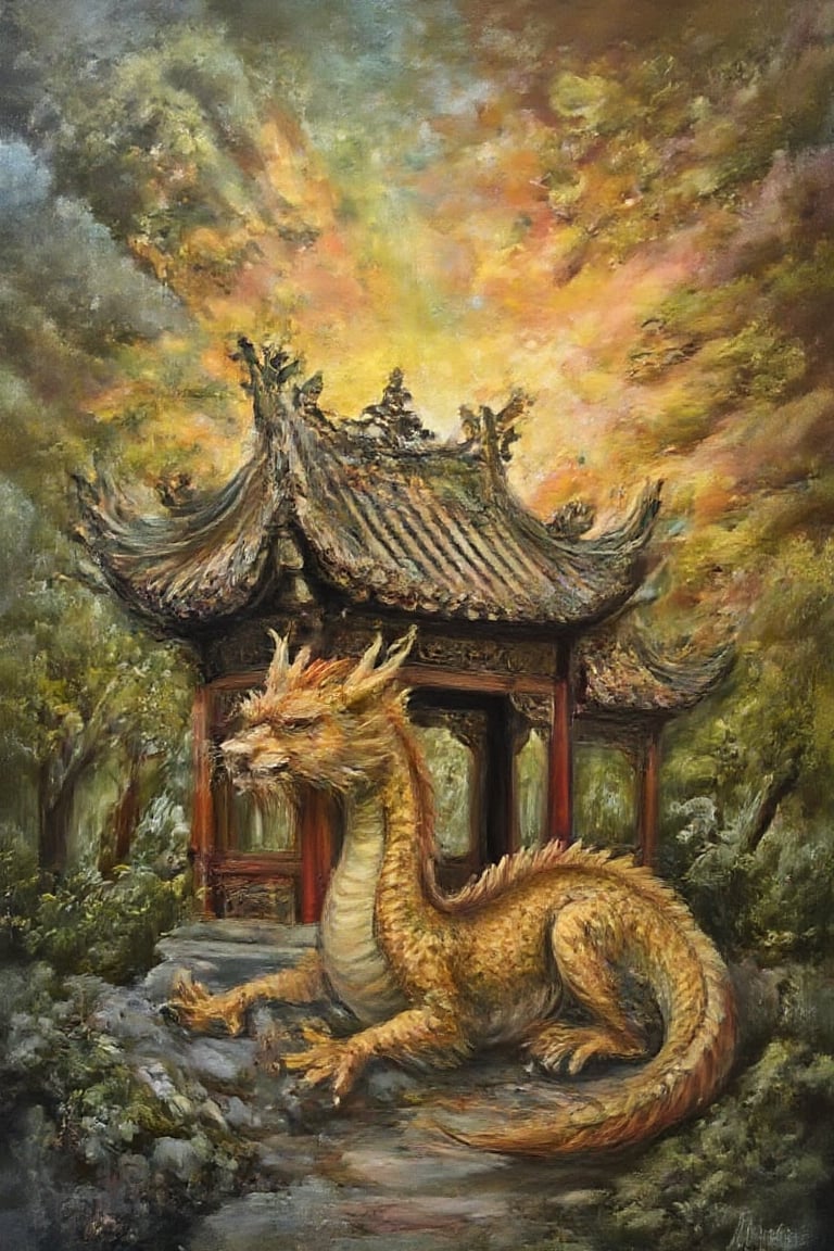 A majestic eastern dragon sprawls beneath a intricately tiled Chinese temple roof, amidst lush greenery. The ancient structure's curved eaves and ornate carvings seem to come alive as the dragon's scales glimmer in harmony with the surrounding foliage. Enhance the vibrant hues of the dragon's fiery mane and the architecture's rich colors, immersing the viewer in a fantastical East Asian world.