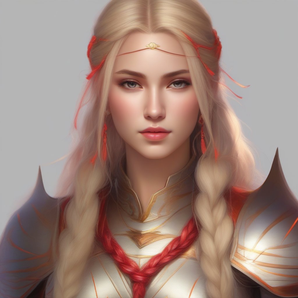 1woman, ((blank background)), vibrant colors, head and shoulders portrait, long_hair, blonde hair, single braid, pale, bangs, glowing red_eyes, warrior, large forhead,MasterF